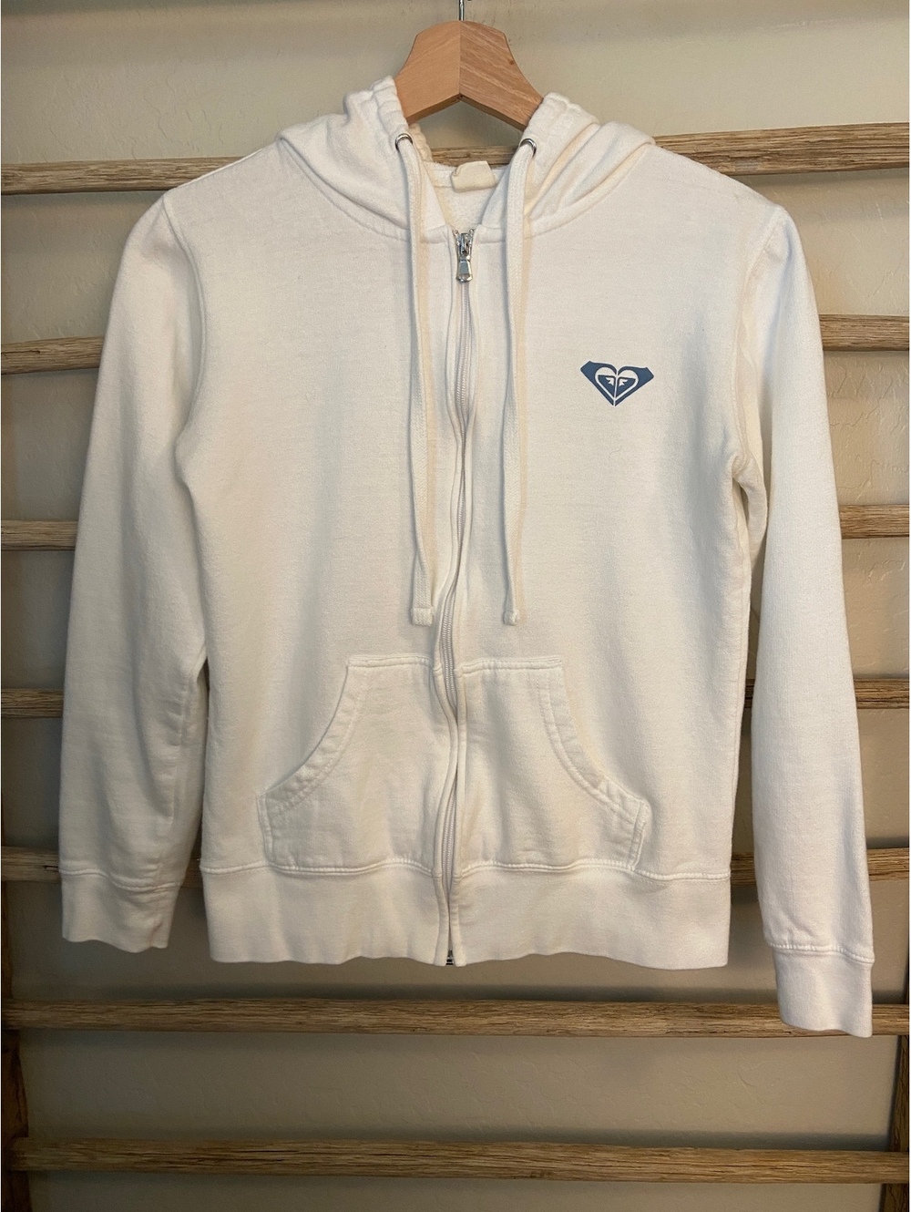 Roxy White Zip-Up Hoodie with Hood and Front Pockets Size Small